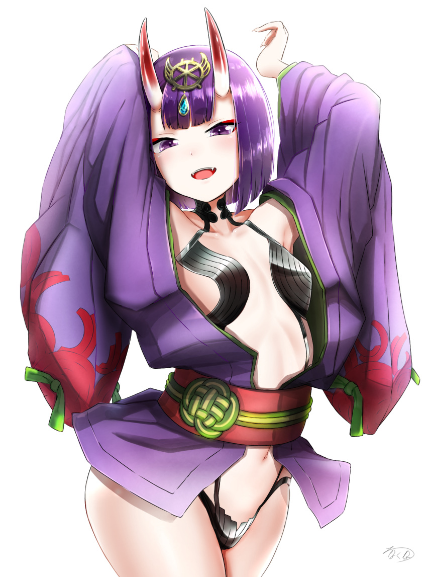 1girl armpits arms_up artist_request bangs bare_shoulders blush bob_cut breasts collarbone eyeliner fangs fate/grand_order fate_(series) headpiece highres horns japanese_clothes kimono long_sleeves looking_at_viewer makeup navel obi oni oni_horns open_mouth purple_hair purple_kimono revealing_clothes sash short_hair short_kimono shuten_douji_(fate/grand_order) simple_background skin-covered_horns small_breasts smile violet_eyes white_background wide_sleeves