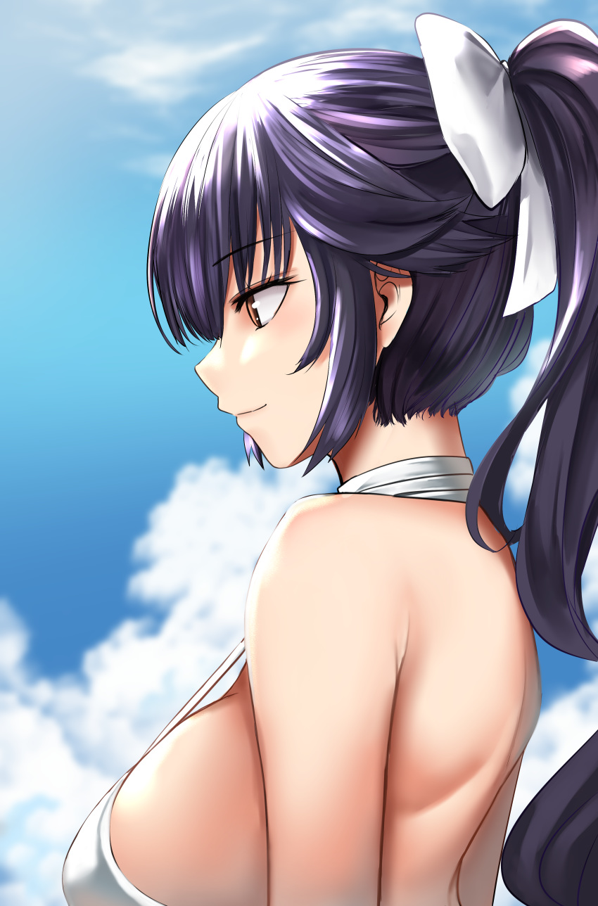 1girl absurdres azur_lane bangs black_hair bow breasts brown_eyes casual_one-piece_swimsuit clouds criss-cross_halter dvdraw hair_bow hair_ornament halterneck highres large_breasts long_hair one-piece_swimsuit outdoors ponytail profile sideboob solo swimsuit takao_(azur_lane) takao_(beach_rhapsody)_(azur_lane) white_bow white_swimsuit