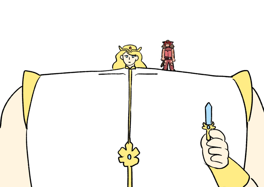 2girls anatomical_nonsense animal_ears bad_anatomy blonde_hair blue_eyes brown_hair cat_ears cat_girl cat_tail catra headwear highres holding holding_sword holding_weapon multiple_girls parody she-ra she-ra_and_the_princesses_of_power style_parody sword tail takamizo weapon white_background yellow_headwear