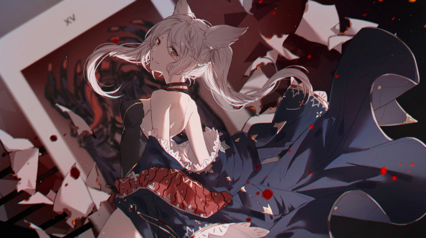 1girl animal_ears bangs blurry blurry_background braid choker erune fraux granblue_fantasy highres jacket long_hair looking_at_viewer pollity_san red_eyes sleeveless smile solo tarot twintails white_hair