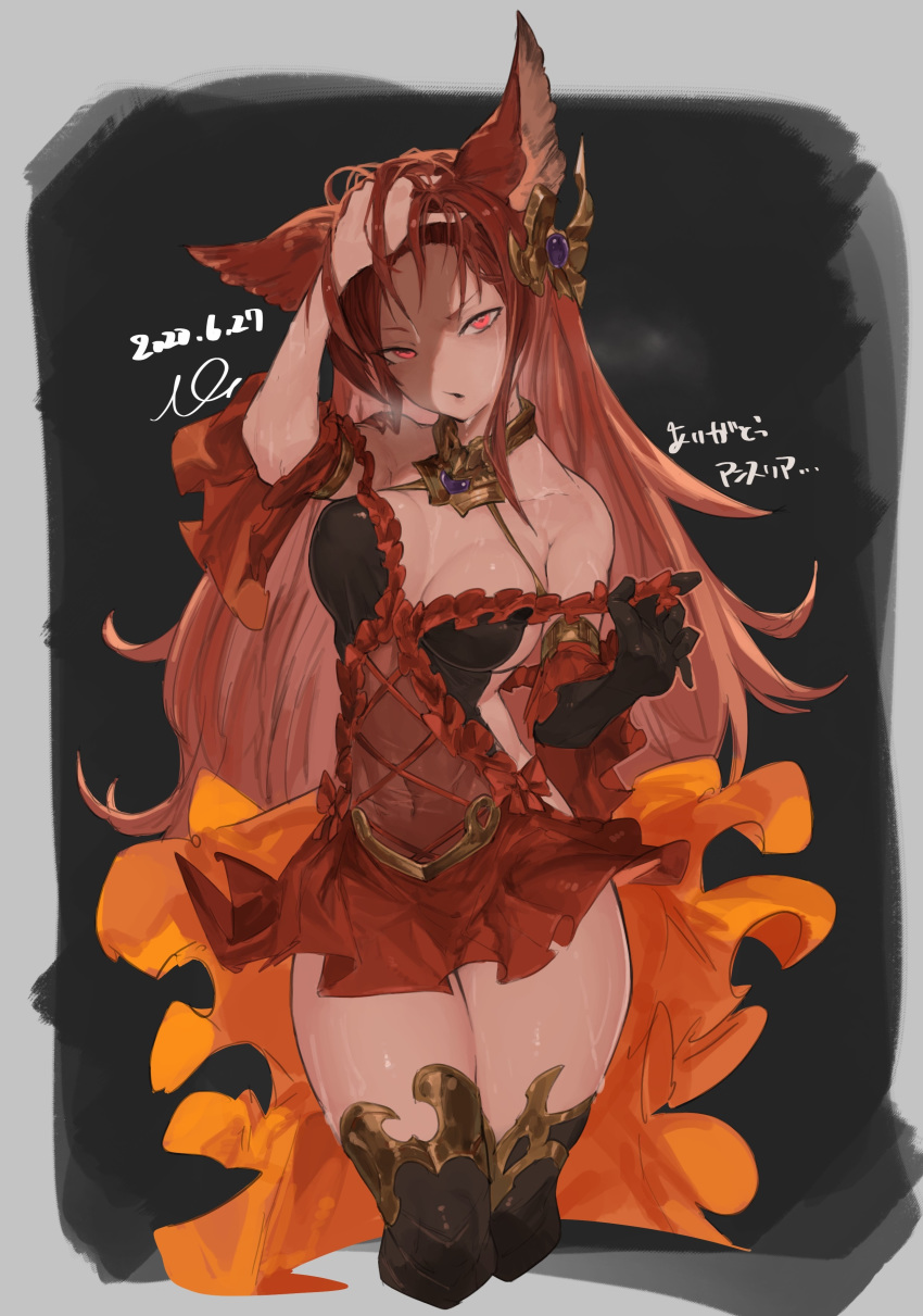 1girl absurdres animal_ears anthuria collar dress dress_pull erune forehead gloves granblue_fantasy hair_lift highres long_hair looking_at_viewer n9+ navel parted_lips red_eyes redhead shaded_face single_glove solo sweat thigh-highs thighs undressing very_long_hair