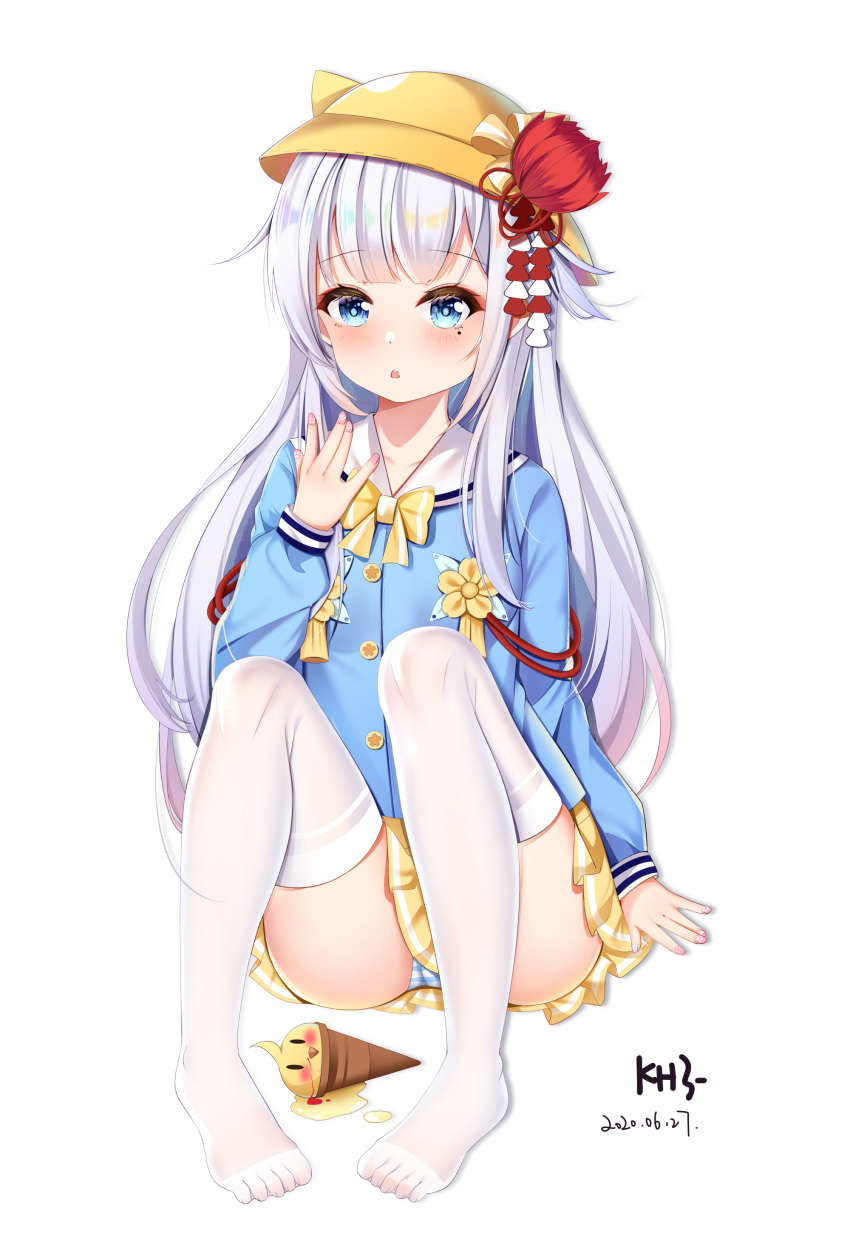 1girl absurdres azur_lane bangs blue_eyes blue_shirt blush bow dated eyebrows_visible_through_hair food full_body hand_up hat highres ice_cream ice_cream_cone kindergarten_uniform knees_up long_hair long_sleeves looking_at_viewer manjuu_(azur_lane) miaoguujuun_qvq mole mole_under_eye no_shoes panties parted_lips pigeon-toed pleated_skirt sailor_collar school_hat shirt shoukaku_(azur_lane) signature silver_hair simple_background skirt solo spill striped striped_panties thigh-highs underwear very_long_hair white_background white_legwear white_sailor_collar yellow_bow yellow_headwear yellow_skirt