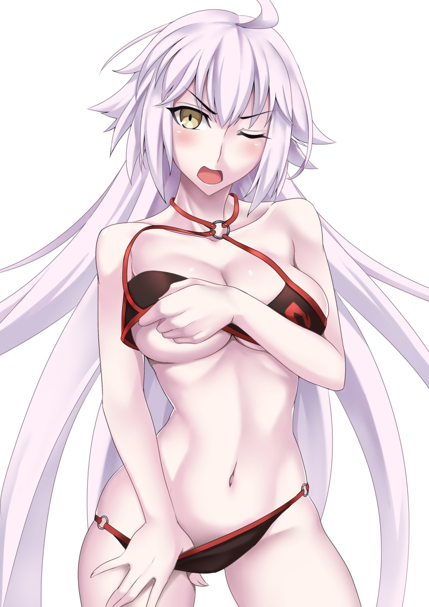 1girl ahoge bangs bikini black_bikini blush breasts collarbone fate/grand_order fate_(series) hand_on_own_chest highres jeanne_d'arc_(alter_swimsuit_berserker) jeanne_d'arc_(fate)_(all) large_breasts long_hair looking_at_viewer navel o-ring o-ring_bikini open_mouth sakuya_(liao_kj) silver_hair simple_background swimsuit thighs very_long_hair yellow_eyes