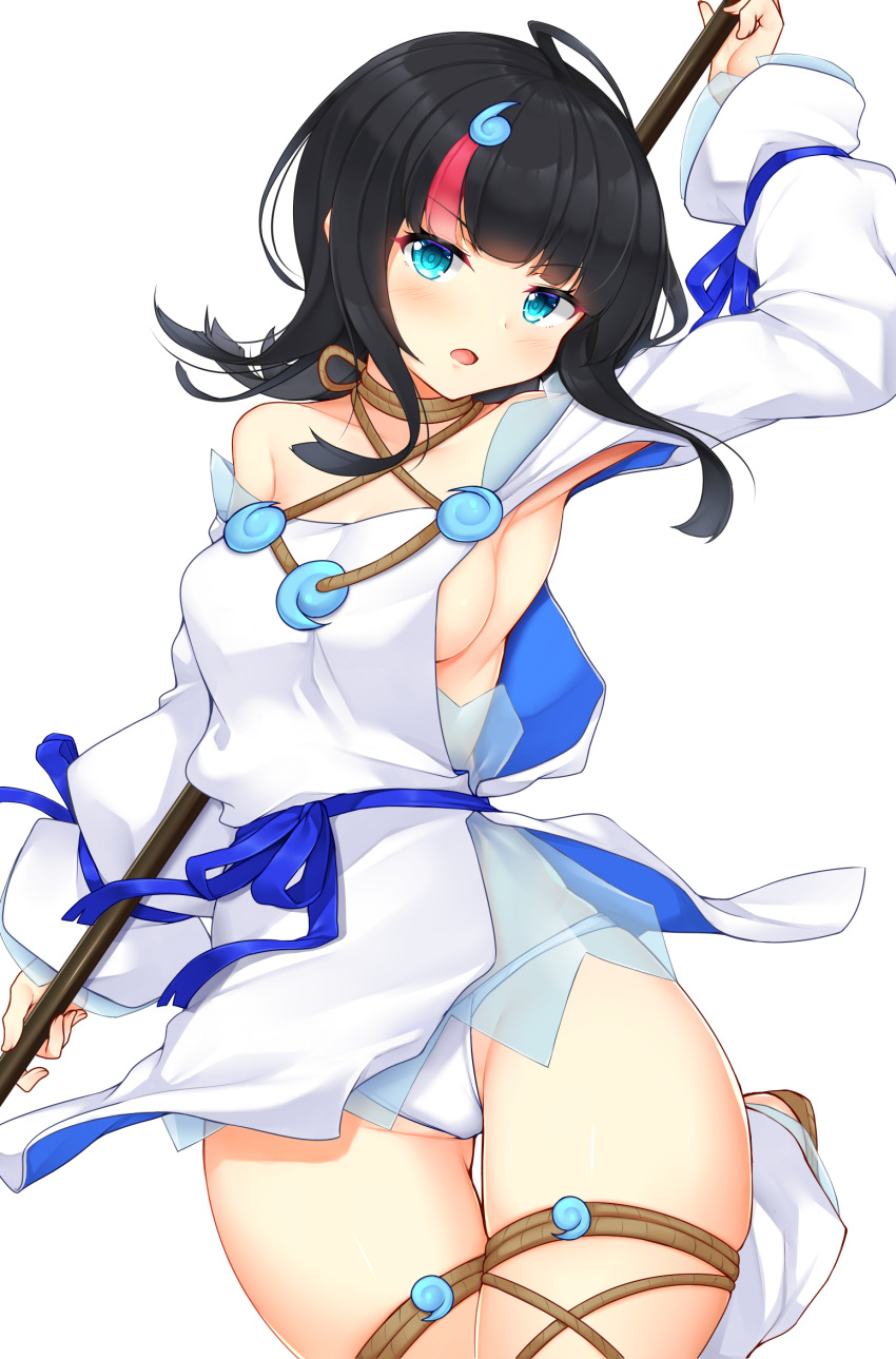 1girl ahoge arm_up armpits bangs bare_shoulders black_hair blue_eyes blue_sash blush breasts commentary_request cowboy_shot dress fate/grand_order fate_(series) head_tilt highres holding long_hair looking_at_viewer medium_breasts open_mouth panties sash sideboob simple_background solo standing thighs tokoya_(ex-hetare) underwear utsumi_erise white_background white_dress white_panties