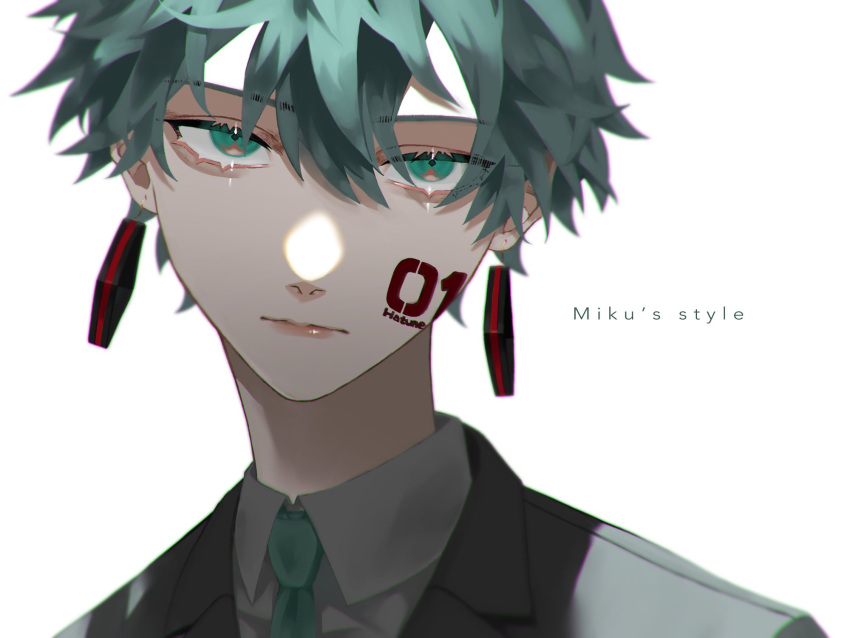 1boy animal_ears aqua_eyes aqua_hair blazer body_writing character_request check_character closed_mouth collared_shirt english_text eyelashes facial_mark green_eyes green_hair green_necktie grey_jacket hair_between_eyes hatsune_mikuo highres jacket looking_at_viewer maaroso_09 male_focus necktie portrait shirt short_hair simple_background solo vocaloid white_background white_shirt