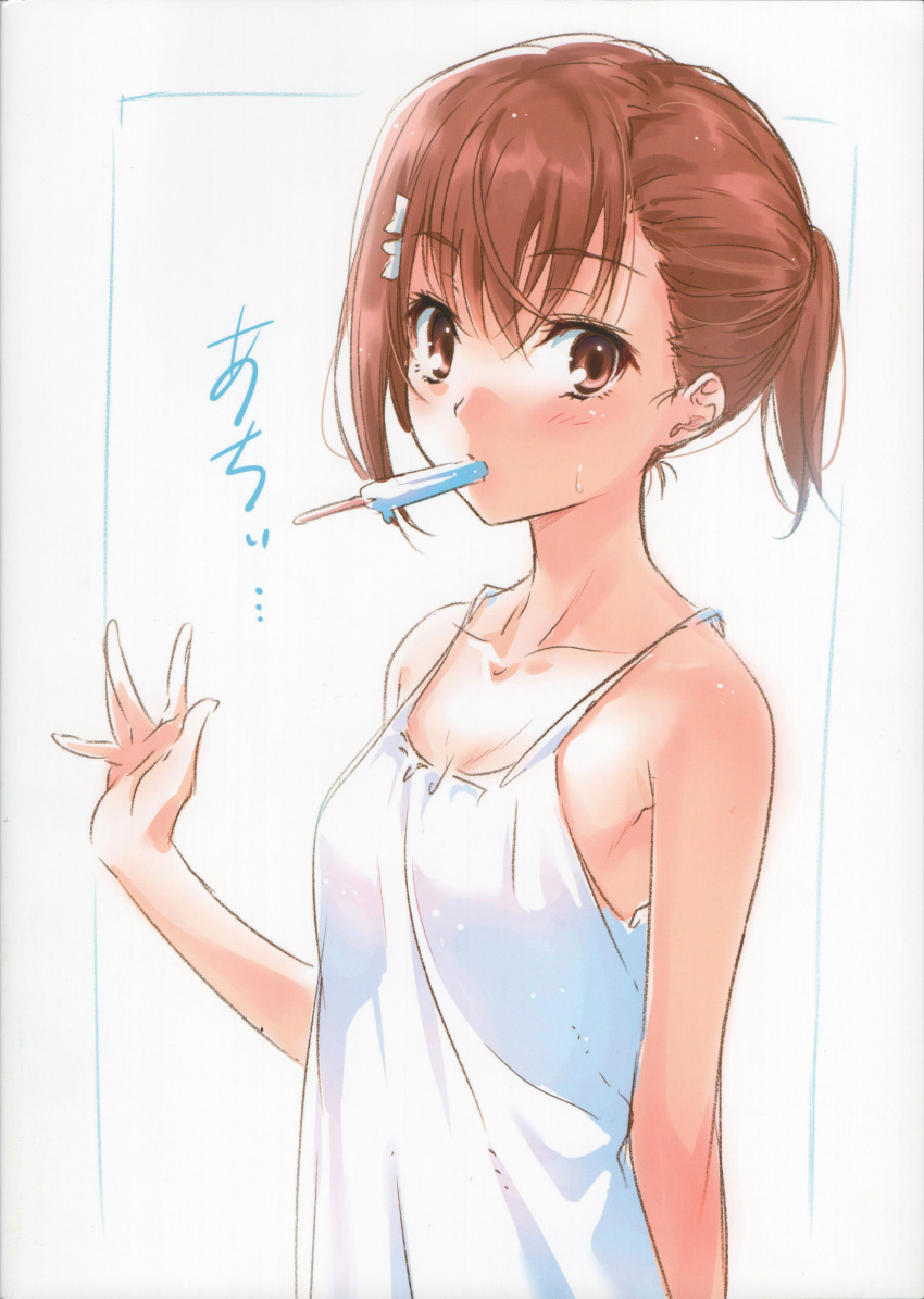 1girl absurdres bare_shoulders brown_eyes brown_hair eyebrows eyebrows_visible_through_hair highres looking_at_viewer misaka_mikoto mouth_hold puma_(hyuma1219) scan shirt short_hair sketch solo to_aru_kagaku_no_railgun to_aru_majutsu_no_index white_shirt