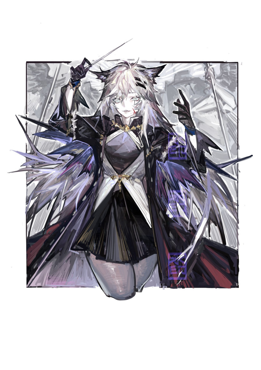 1girl animal_ears arknights arms_up bangs black_gloves black_jacket black_skirt collar commentary_request eyebrows_visible_through_hair facing_viewer gloves grey_eyes grey_legwear hair_between_eyes hair_ornament hairclip highres holding holding_wand jacket lappland_(arknights) long_hair long_sleeves looking_at_viewer open_mouth pantyhose pipidan scar scar_across_eye silver_hair simple_background skirt smile solo standing upper_body very_long_hair wand watermark wolf_ears