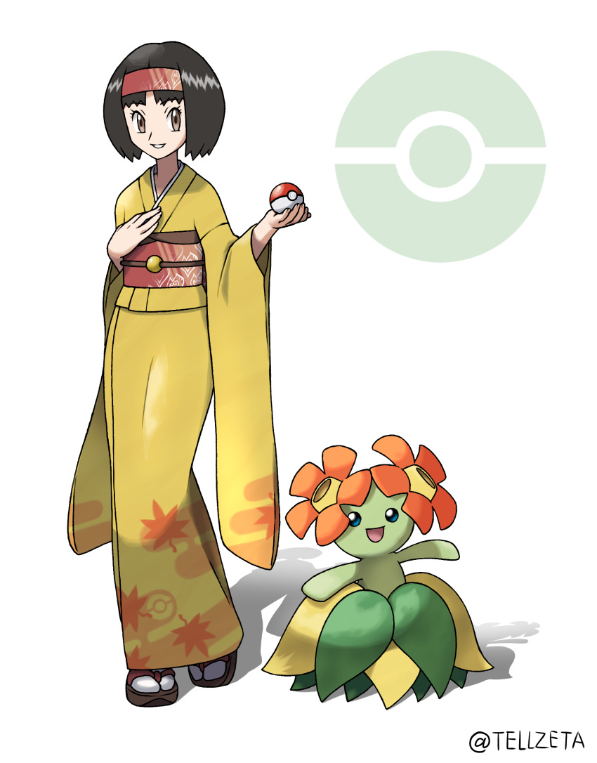 1girl artist_name bangs bellossom black_hair brown_eyes commentary_request erika_(pokemon) eyelashes full_body gen_2_pokemon geta gym_leader headband highres holding holding_poke_ball japanese_clothes kimono leaf_print obi parted_lips poke_ball poke_ball_(generic) poke_ball_symbol pokemon pokemon_(creature) pokemon_(game) pokemon_hgss red_headband red_sash sash shiny shiny_hair short_hair smile standing tabi teeth teru_zeta watermark yellow_kimono