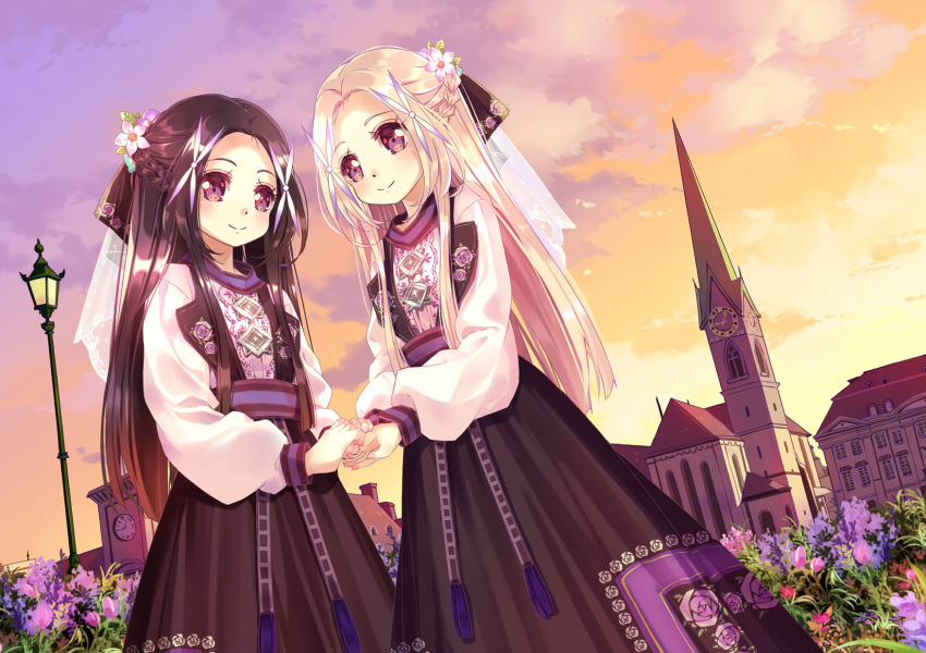 2girls 54hao bangs black_dress black_hair blonde_hair braid building clock clock_tower closed_mouth dress dutch_angle flower forehead hair_flower hair_ornament highres holding_hands long_hair long_sleeves multiple_girls original outdoors parted_bangs pink_flower puffy_long_sleeves puffy_sleeves purple_flower roman_numerals see-through shirt siblings sisters sleeveless sleeveless_dress smile standing sunset tower twins very_long_hair violet_eyes white_shirt x_hair_ornament