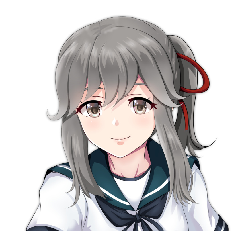 1girl blue_neckwear blue_sailor_collar brown_eyes commentary_request grey_hair highres kantai_collection long_hair looking_at_viewer neckerchief red_ribbon ribbon sailor_collar simple_background smile solo tk8d32 upper_body usugumo_(kantai_collection) white_background