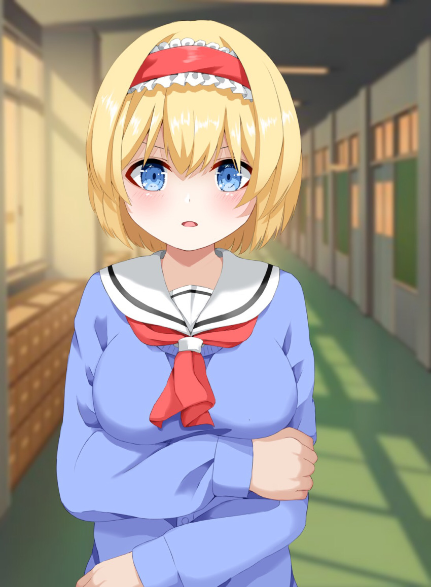 1girl alice_margatroid alternate_costume arm_holding arm_under_breasts bangs blonde_hair blue_cardigan blue_eyes blurry blurry_background breasts cardigan commentary contemporary depth_of_field hairband hallway highres large_breasts light_blush lolita_hairband looking_at_viewer midunana neckerchief parted_lips red_neckwear sailor_collar school school_uniform short_hair solo standing sunlight sunset touhou upper_body white_sailor_collar