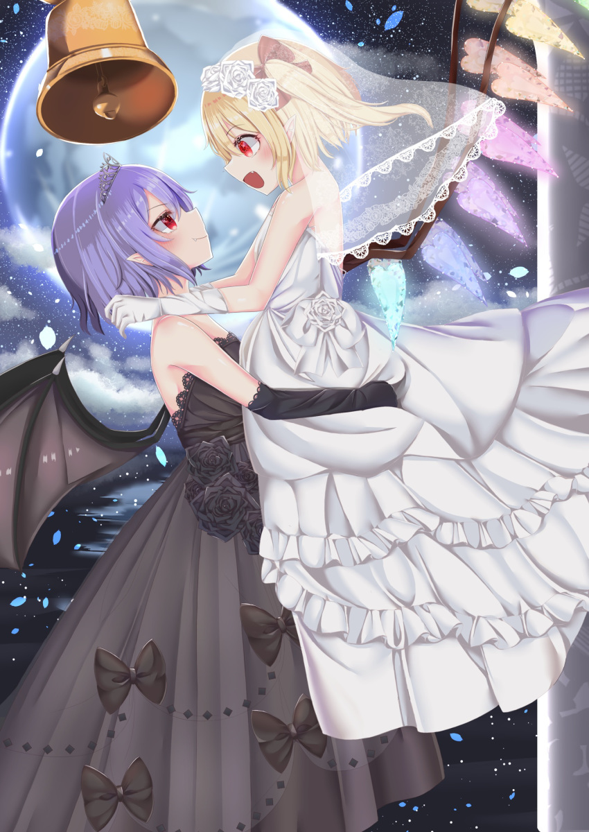 2girls alternate_costume alternate_headwear arm_rest bare_shoulders bat_wings bell black_flower black_gloves black_rose black_wedding_dress blonde_hair commentary dress elbow_gloves eye_contact eyebrows_visible_through_hair fang fang_out feet_out_of_frame flandre_scarlet flower from_side full_moon gloves hair_flower hair_ornament hair_ribbon head_tilt highres incest lifting_person looking_at_another looking_down looking_up moon multiple_girls night night_sky one_side_up open_mouth petals profile purple_hair red_eyes remilia_scarlet remitei03 ribbon rose short_hair sky smile standing star_(sky) starry_sky strapless strapless_dress symbol_commentary tiara touhou veil wedding_dress white_flower white_gloves white_rose wife_and_wife wings yuri