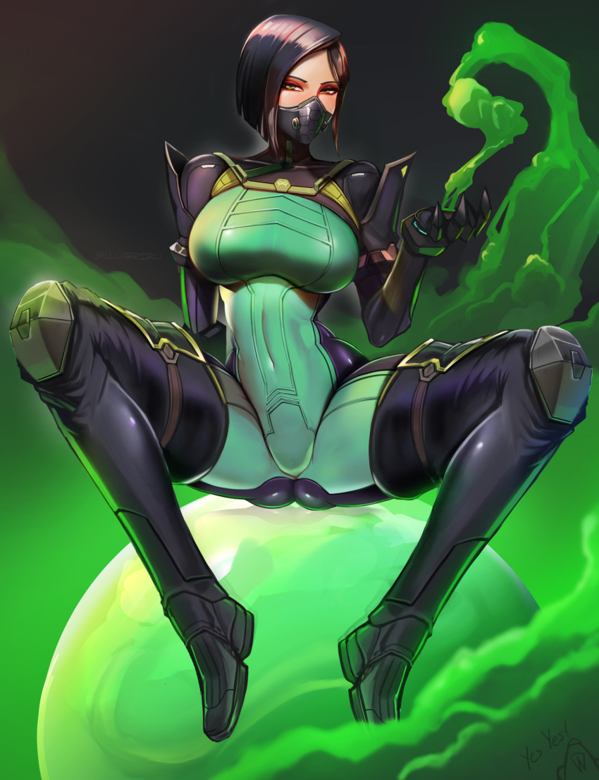 1girl ass badcompzero black_background black_footwear black_hair black_legwear bodysuit boots breasts covered_navel green_eyes highres looking_at_viewer mask medium_breasts mouth_mask orb poison short_hair sitting solo thigh-highs thigh_boots tight valorant viper_(valorant)