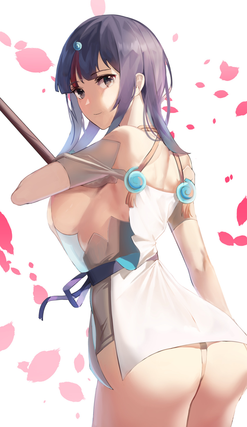 1girl absurdres ass back bangs bare_shoulders black_hair blue_eyes blue_ribbon blush breasts dress fate/grand_order fate/requiem fate_(series) fundoshi highres japanese_clothes jewelry large_breasts looking_at_viewer looking_back magatama magatama_hair_ornament manu_(pixiv41646715) medium_hair multicolored_hair necklace pelvic_curtain petals pink_hair polearm ribbon short_dress sideboob sideless_outfit simple_background sleeveless sleeveless_dress smile spear streaked_hair thighs utsumi_erise weapon white_background white_dress