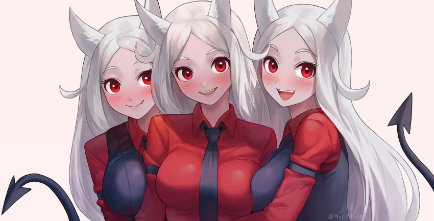 3girls absurdres animal_ears arm_garter artist_name bangs blush breasts cerberus_(helltaker) commentary demon_girl demon_tail dog_ears dog_girl fang gloves grey_background helltaker highres large_breasts long_hair looking_at_viewer multiple_girls nhaliz open_mouth parted_bangs red_eyes red_shirt shirt simple_background smile tail triplets white_hair