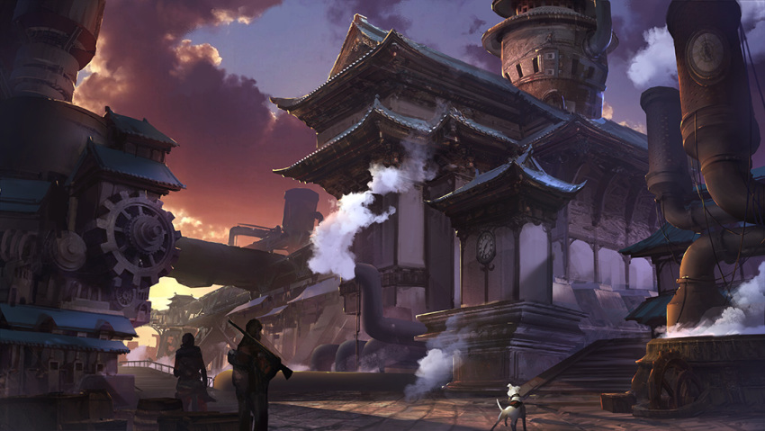 ambiguous_gender architecture barrel building cable clock clouds dog east_asian_architecture from_behind gears gun original pipes rifle scaffolding scenery sky stairs steam steampunk tower twilight weapon xian_yueyueyue