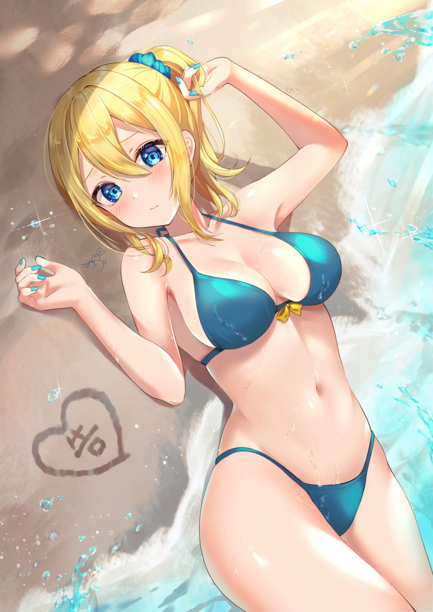 1girl absurdres beach bikini blonde_hair blue_bikini blue_eyes blue_nails blue_scrunchie blush breasts closed_mouth collarbone commentary_request hair_between_eyes hair_ornament hair_scrunchie hayasaka_ai highres kaguya-sama_wa_kokurasetai_~tensai-tachi_no_renai_zunousen~ looking_at_viewer lying medium_breasts mizukanayuki nail_polish navel on_back sand scrunchie side_ponytail solo swimsuit water wet