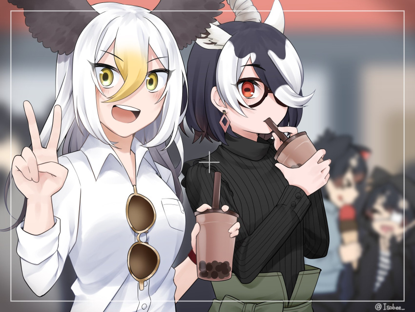 4girls alternate_costume anteater_ears antelope_horns australian_devil_(kemono_friends) bald_eagle_(kemono_friends) bird_wings black_hair black_sweater blackbuck_(kemono_friends) blonde_hair blush bubble_tea casual collared_shirt commentary_request earrings extra_ears eyebrows_visible_through_hair eyewear_removed glasses hair_between_eyes hair_over_one_eye head_wings highres isobee jewelry kemono_friends kemono_friends_3 long_hair long_sleeves multiple_girls photo red_eyes shirt short_hair sleeves_rolled_up sunglasses sweater tasmanian_devil_(kemono_friends) turtleneck v white_hair white_shirt wings yellow_eyes