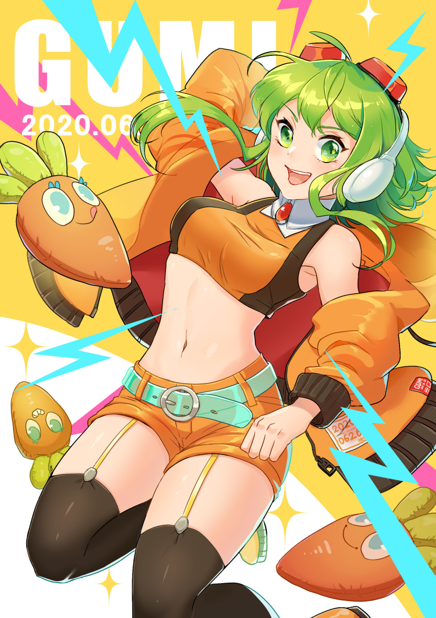 1girl 2020 absurdres arm_at_side arm_behind_head arm_up armpits bare_shoulders belt black_legwear breasts character_name collared_crop_top crop_top dated dot_nose feet_out_of_frame food_themed_pillow garter_straps goggles goggles_on_headwear green_eyes green_hair gumi hair_between_eyes happy headphones highres impossible_clothes jacket jumping laura19960605 lightning_bolt medium_breasts midriff navel open_clothes open_jacket open_mouth orange_background orange_footwear orange_jacket orange_shorts shiny shiny_clothes shiny_hair shiny_legwear short_hair short_hair_with_long_locks short_shorts shorts smile solo sparkle sparkle_background stuffed_carrot stuffed_toy teeth thigh-highs toy two-tone_background upper_teeth v-shaped_eyebrows very_short_hair vocaloid white_background zettai_ryouiki zipper