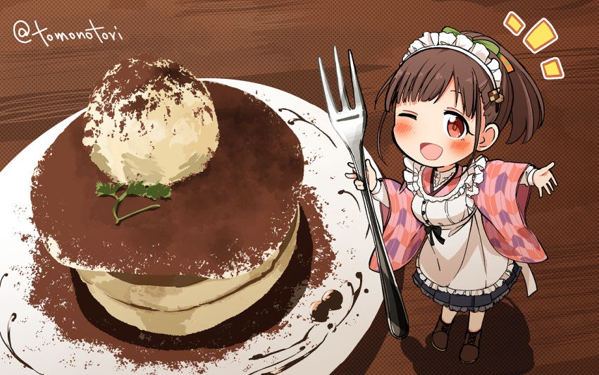 1girl apron bangs blush boots brown_hair double_bun food fork frilled_apron frilled_skirt frills ice_cream idolmaster idolmaster_shiny_colors japanese_clothes kimono looking_at_viewer maid_headdress medium_skirt minigirl one_eye_closed open_mouth pancake pink_kimono pleated_skirt ponytail shirt skirt solo sonoda_chiyoko torinabe white_shirt