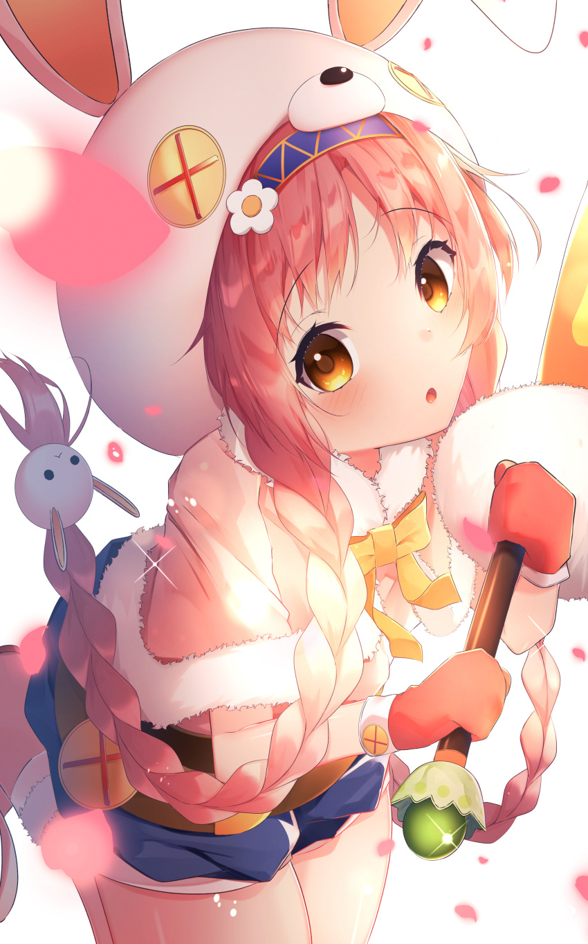 1girl :o absurdres animal_ears animal_hat bangs blue_hairband blue_shorts blurry blurry_foreground blush bow braid brown_eyes bunny_hair_ornament bunny_hat capelet commentary_request depth_of_field earmuffs eyebrows_visible_through_hair fake_animal_ears flower fur-trimmed_capelet fur_trim hair_ornament hairband hat highres holding holding_sword holding_weapon long_hair looking_at_viewer mimi_(princess_connect!) mittens parted_lips petals pink_capelet pink_hair princess_connect! princess_connect!_re:dive rabbit_ears red_mittens short_shorts shorts solo suisen-21 sword twin_braids twintails very_long_hair weapon white_flower white_headwear yellow_bow