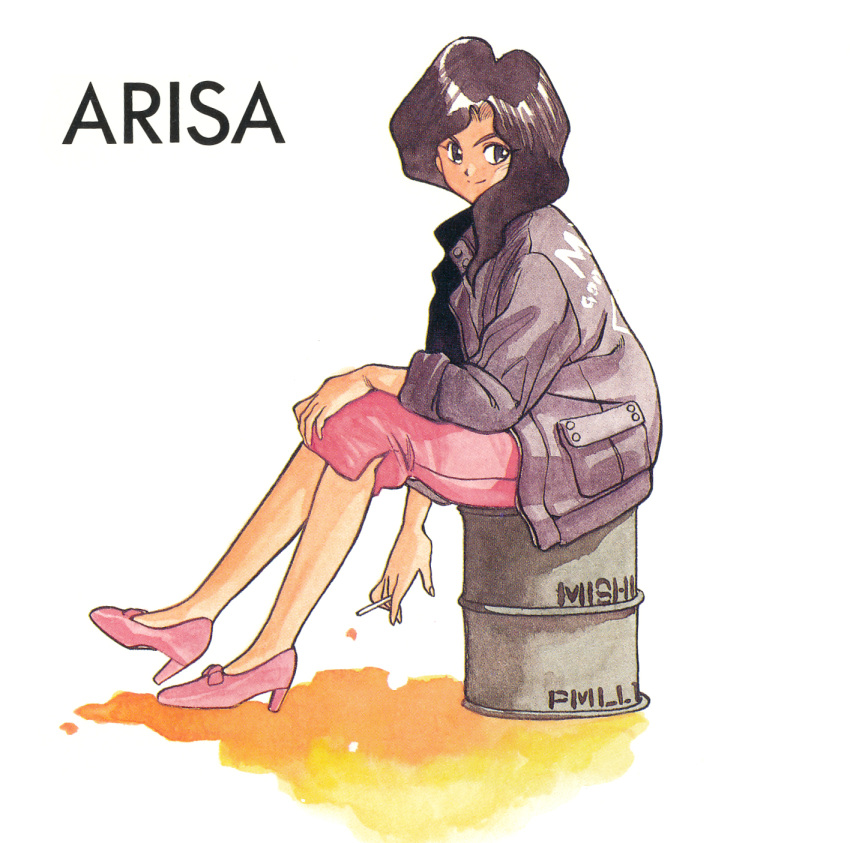1990s_(style) 1girl all_purpose_cultural_cat_girl_nuku_nuku arisa_(all_purpose_cultural_cat_girl_nuku_nuku) black_eyes black_hair black_jacket character_name cigarette drum_(container) high_heels highres holding holding_cigarette jacket long_hair long_sleeves official_art open_clothes open_jacket pink_footwear scan simple_background sitting skirt smile solo takada_yuuzou traditional_media watercolor_(medium) white_background