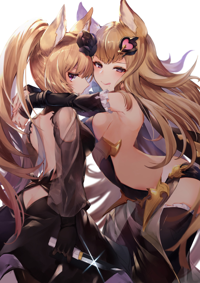 2girls 40_(0f0urw) :p absurdres animal_ears bare_back bare_shoulders black_dress black_gloves blonde_hair breasts brown_eyes brown_hair dress elbow_gloves erune expressionless fingerless_gloves flower gloves granblue_fantasy hair_flower hair_ornament highres hug knife long_hair looking_at_viewer metera_(granblue_fantasy) mole multiple_girls ponytail sideboob simple_background smile tongue tongue_out trait_connection yuisis_(granblue_fantasy)