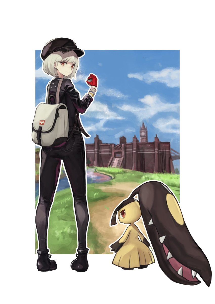 1girl ankle_boots backpack bag black_footwear black_headwear black_pants blue_sky boots bracelet closed_mouth clouds day gen_3_pokemon gloves grass hand_up hat highres holding holding_poke_ball jewelry legs_apart long_sleeves looking_at_viewer looking_back mawile orange_eyes outline pants poke_ball poke_ball_(generic) pokemon pokemon_(creature) pokemon_(game) pokemon_swsh red_gloves seiya_(artist) short_hair silver_hair sky stairs standing white_outline yuuri_(pokemon)
