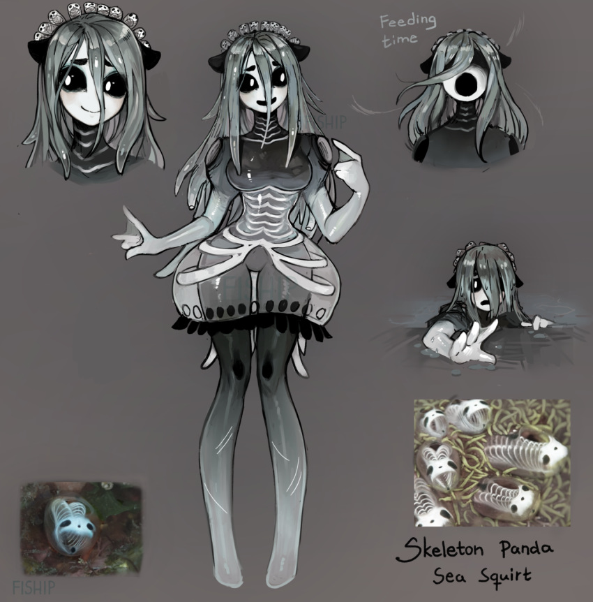 1girl animal_ears artist_name black_sclera breasts bright_pupils brown_background bubble_skirt character_sheet commentary d: english_commentary english_text full_body gradient_skin grey_background grey_hair hair_between_eyes highres large_breasts long_hair looking_away looking_to_the_side matilda_fiship medium_breasts monster_girl multicolored multicolored_skin multiple_views no_feet open_mouth original partially_submerged personification photo-referenced pointing pointing_at_self reaching_out reference_photo reference_photo_inset ribs see-through short_eyebrows simple_background skirt smile thick_eyebrows transparent water webbed_hands wet white_pupils