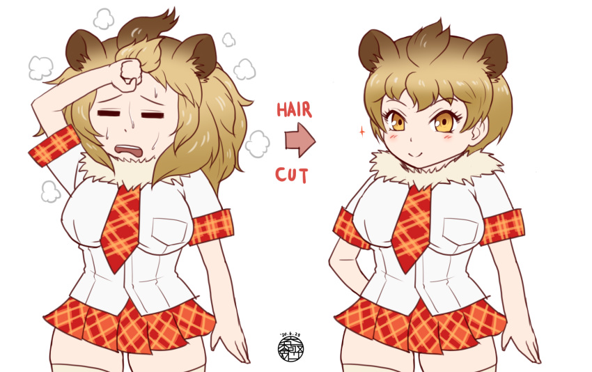 1girl alternate_hair_length alternate_hairstyle animal_ears blonde_hair blouse blush breasts commentary_request ears english_text fur_collar highres hot kemono_friends large_breasts lion_(kemono_friends) lion_ears necktie partial_commentary short_hair signature skindentation skirt smile sparkle sweat taikyokuturugi thigh-highs yellow_eyes