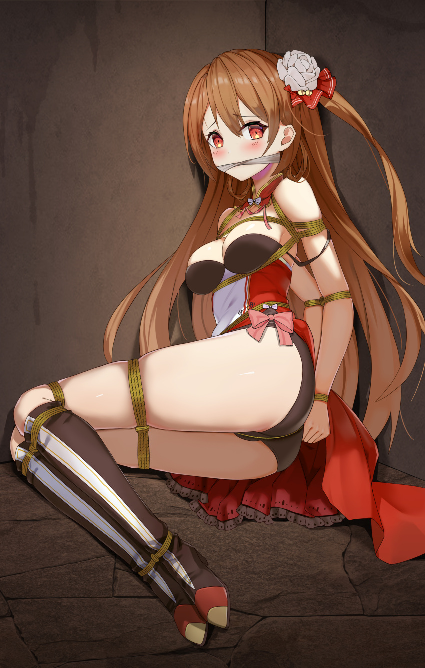1girl absurdres bdsm black_shirt bondage boots bound breasts brown_hair character_request corner cracked_floor dress gag gagged haimei1980 highres indoors knee_boots long_hair looking_at_viewer oshiro_project_re red_dress restrained shirt side_ponytail tied_up_(nonsexual)