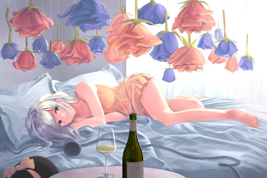 1girl alternate_costume bare_arms bare_legs barefoot blue_flower blue_rose bottle camisole commentary_request cup curtains day drinking_glass expressionless flower grey_eyes hat hat_removed head_on_hand headwear_removed indoors komeiji_koishi lingerie looking_at_viewer lying medium_hair on_bed on_side pillow red_flower red_rose rose silver_hair solo table tbonjobi_(sukemasa) third_eye touhou underwear window wine_bottle wine_glass