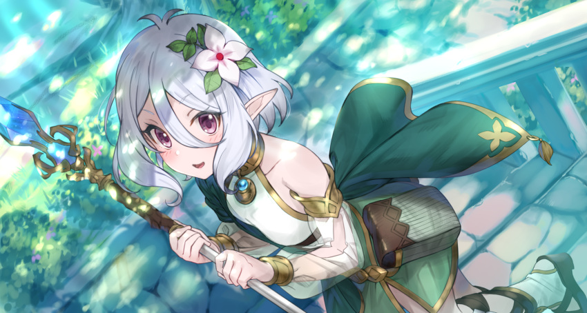 1girl :d asymmetrical_clothes bangs blush breasts brown_footwear collarbone dappled_sunlight day detached_sleeves dutch_angle elf flower hair_between_eyes hair_flower hair_ornament highres holding holding_spear holding_weapon keita_(kta0) kokkoro_(princess_connect!) leaf long_sleeves open_mouth outdoors path pointy_ears polearm pouch princess_connect! princess_connect!_re:dive railing sandals see-through sidelocks silver_hair single_bare_shoulder small_breasts smile solo spear standing sunlight two-tone_dress weapon white_flower white_legwear