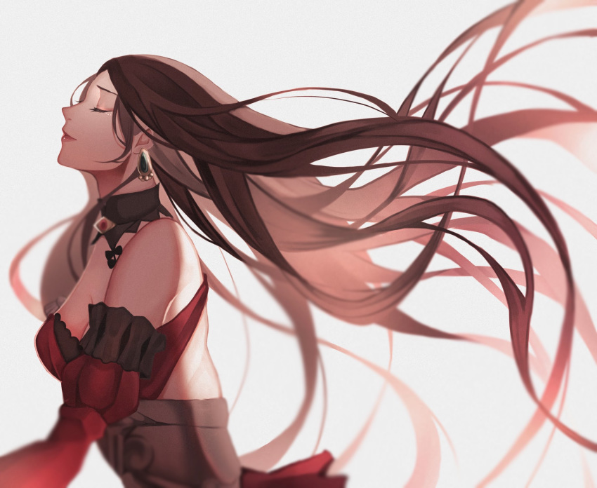 1girl brown_hair closed_eyes dorothea_arnault dress earrings fire_emblem fire_emblem:_three_houses from_side grey_background highres jewelry long_hair long_sleeves simple_background solo watayumi_leo