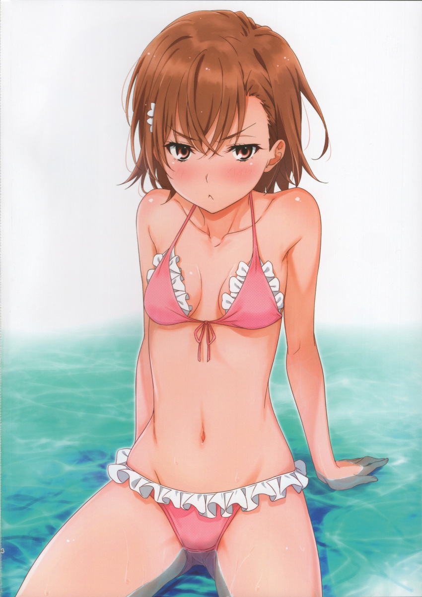 1girl :&lt; absurdres bangs bare_shoulders bikini blush breasts brown_eyes brown_hair collarbone crossed_bangs flower frilled_bikini frills front-tie_bikini front-tie_top frown hair_flower hair_ornament highres looking_at_viewer medium_hair misaka_mikoto navel pink_bikini pout puma_(hyuma1219) scan sitting small_breasts solo swimsuit to_aru_kagaku_no_railgun to_aru_majutsu_no_index water