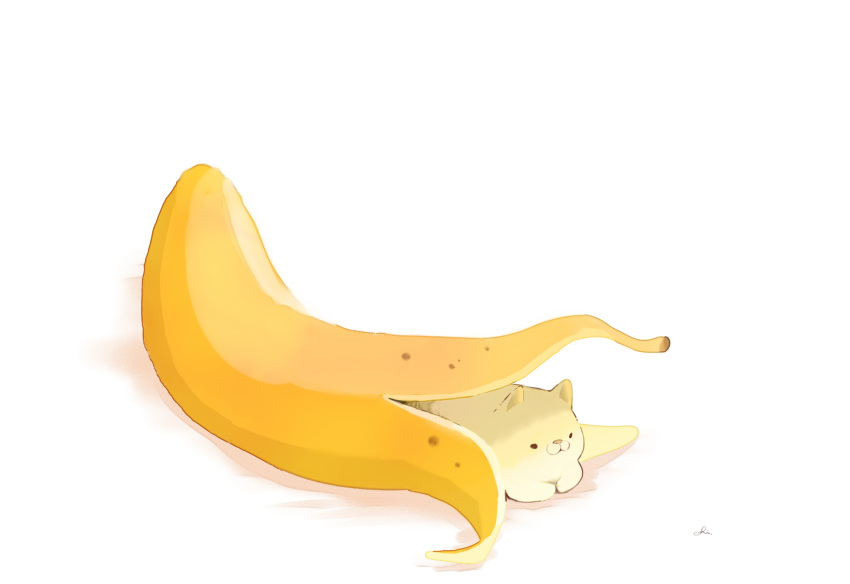 artist_name banana_peel cat chai commentary_request highres no_humans original simple_background sitting_on_food white_background