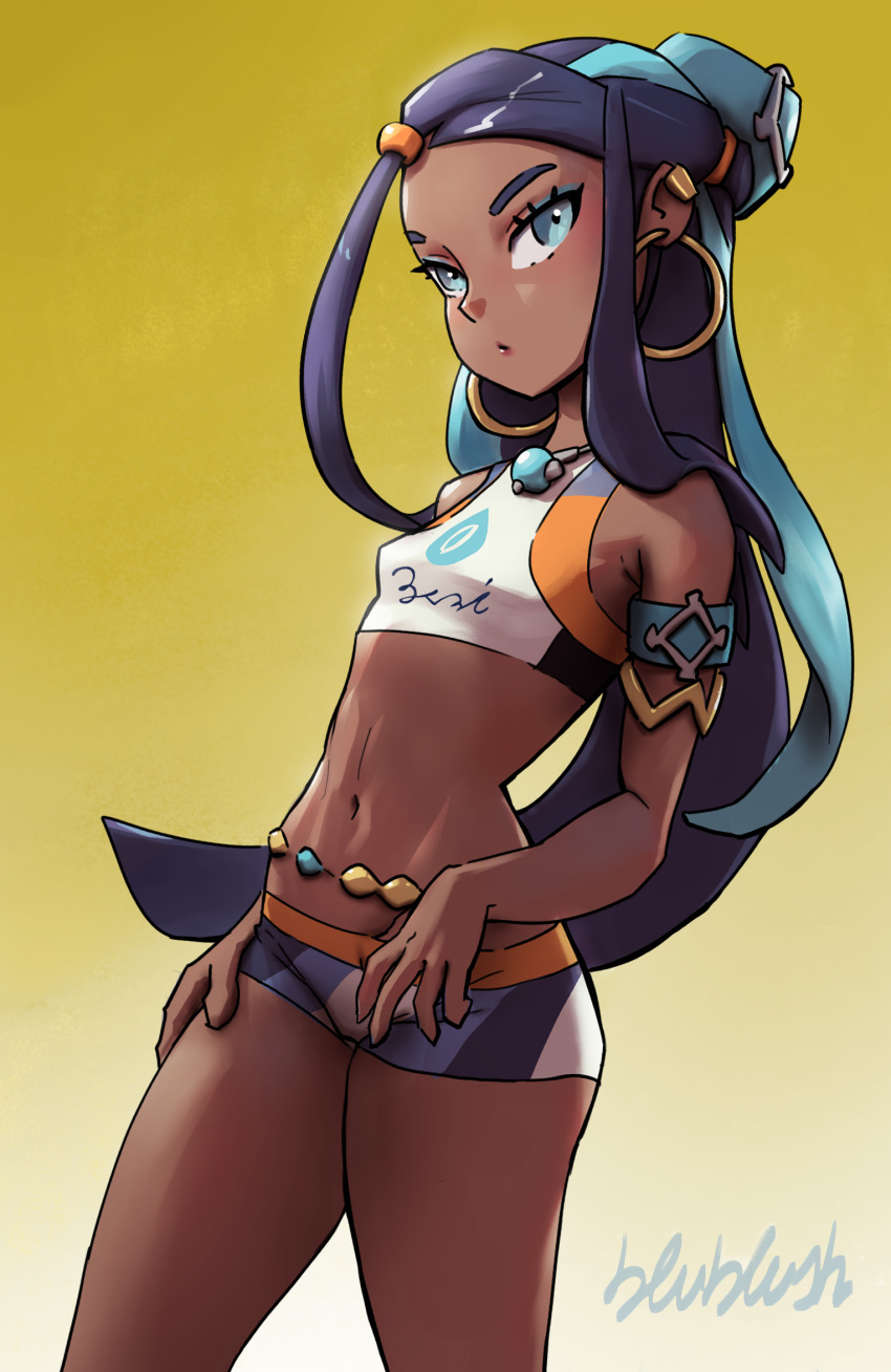 1girl armlet artist_name belly_chain black_hair blublush2 blue_eyes blue_hair commentary dark_skin earrings english_commentary eyelashes gold_earrings gradient gradient_background gym_leader hair_bun highres hoop_earrings jewelry long_hair makeup multicolored_hair navel necklace pokemon pokemon_(game) pokemon_swsh rurina_(pokemon) solo swimsuit tankini two-tone_hair