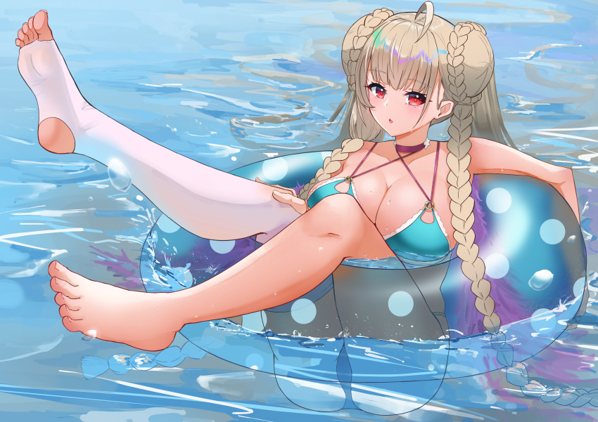 absurdres azur_lane barefoot bikini breasts formidable_(azur_lane) formidable_(the_lady_of_the_beach)_(azur_lane) highres innertube large_breasts lim_(ramu) long_hair red_eyes silver_hair swimsuit toeless_legwear toenails toes very_long_hair