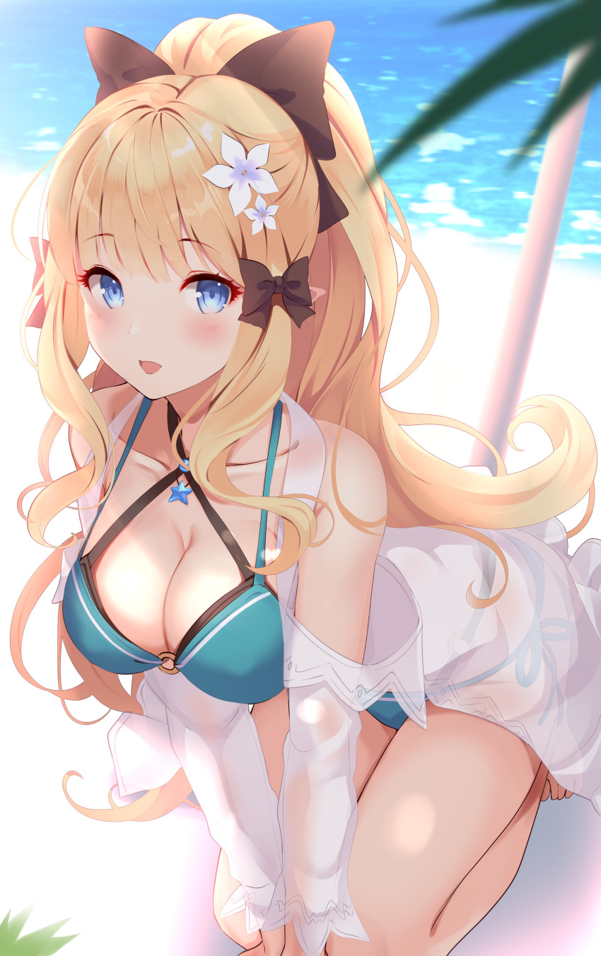 1girl :d absurdres bikini black_bow blonde_hair blue_bikini blue_eyes blush bow breasts elf eyebrows_visible_through_hair flower hair_bow hair_flower hair_ornament highres kujou_ichiso large_breasts long_hair looking_at_viewer open_mouth pointy_ears princess_connect! princess_connect!_re:dive saren_(princess_connect!) smile solo swimsuit