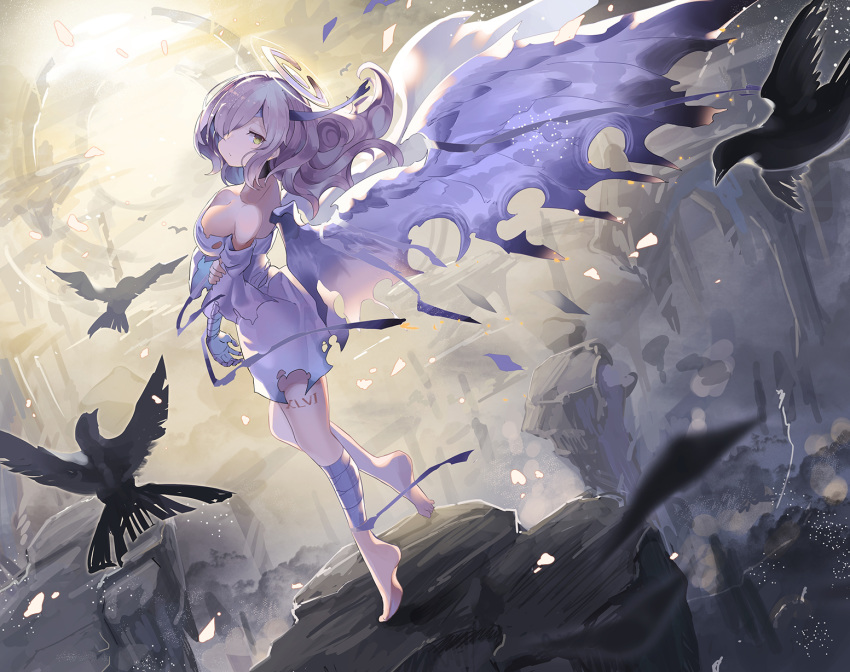1girl angel angel_wings armband bandaged_arm bandaged_leg bandages barefoot bird bird_wings black_feathers breasts closed_mouth dress gradient gradient_wings hair_over_one_eye halo highres holding_arm horns light_particles long_hair looking_at_viewer medium_breasts multicolored multicolored_wings off-shoulder_dress off_shoulder original pink_hair rin_falcon single_horn solo stone tagme tattoo torn_clothes torn_dress torn_sleeves white_dress white_legwear white_sleeves wings yellow_eyes