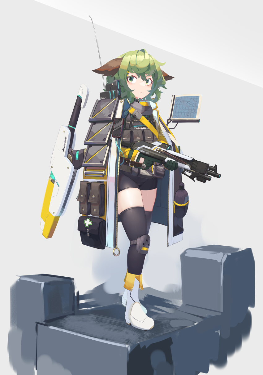 1girl animal_ears bangs bike_shorts black_legwear black_shorts boots closed_mouth commentary_request cross gloves green_eyes green_gloves green_hair gun hair_between_eyes highres holding holding_gun holding_weapon jacket kasodani_kyouko long_sleeves natori_youkai short_shorts shorts shotgun solo thigh-highs thighhighs_under_boots touhou trigger_discipline weapon weapon_request white_footwear yellow_jacket