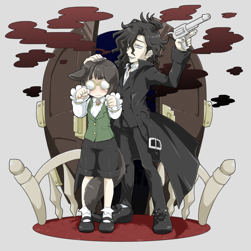 1boy 1other animal_ears bangs belt black_hair blush bob_cut coat cravat door fay_(jinrou_judgment) freddie_(jinrou_judgment) full_body glasses gun handgun highres jinrou_judgment long_hair mary_janes opaque_glasses pistol shoes shorts sleeves_past_wrists smile tail tears vest violet_eyes wavy_mouth weapon wolf_ears wolf_tail yoimaro