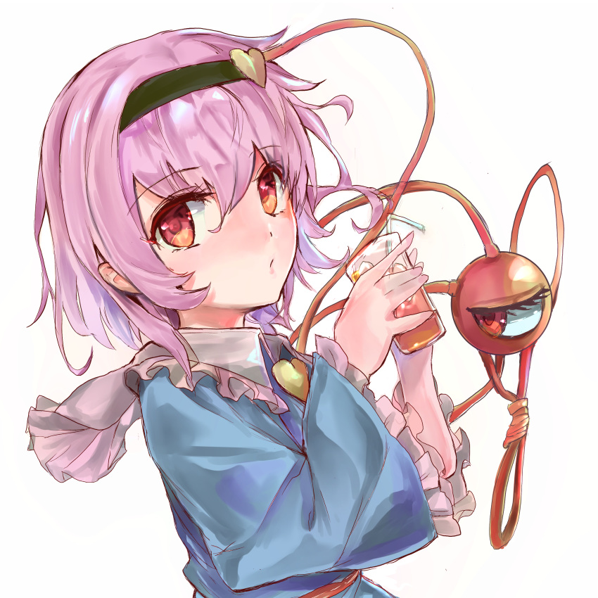 1girl :/ absurdres arms_up blue_shirt commentary_request cup drinking_glass drinking_straw eyebrows_visible_through_hair frilled_shirt_collar frilled_sleeves frills from_side hair_between_eyes hair_ornament hairband heart heart_hair_ornament highres holding holding_cup ikazuchi_akira komeiji_satori long_sleeves looking_at_viewer partial_commentary pink_hair red_eyes shirt short_hair simple_background solo standing third_eye touhou upper_body white_background wide_sleeves
