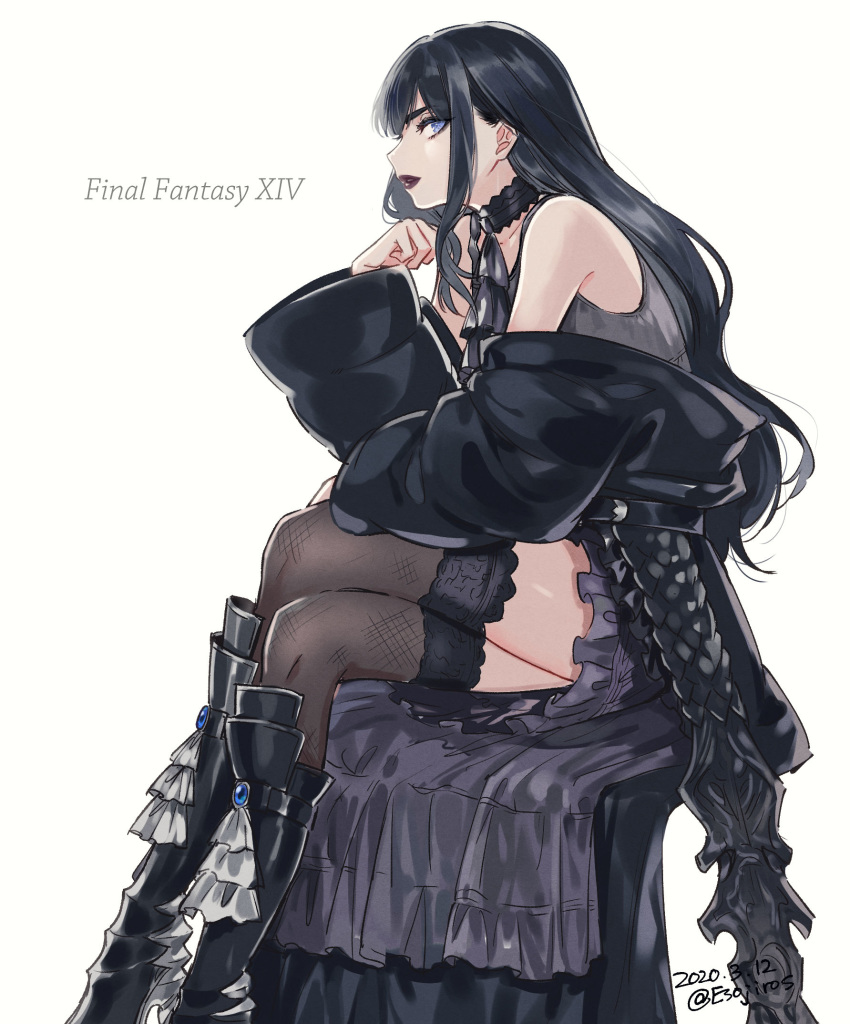 1girl 2020 bangs bare_shoulders black_choker black_coat black_footwear black_hair blue_eyes boots choker coat copyright_name crossed_legs dated dress final_fantasy final_fantasy_xiv fishnet_legwear fishnets from_side gaia_(ff14) gothic grey_dress grey_legwear hand_up highres hyur knee_boots lipstick long_hair long_sleeves makeup minatsuki_(lapislazzuli169) off-shoulder_coat off_shoulder open_clothes open_coat parted_lips purple_lipstick short_dress simple_background sitting sleeveless sleeveless_dress solo thick_eyebrows thigh-highs thighs twitter_username white_background