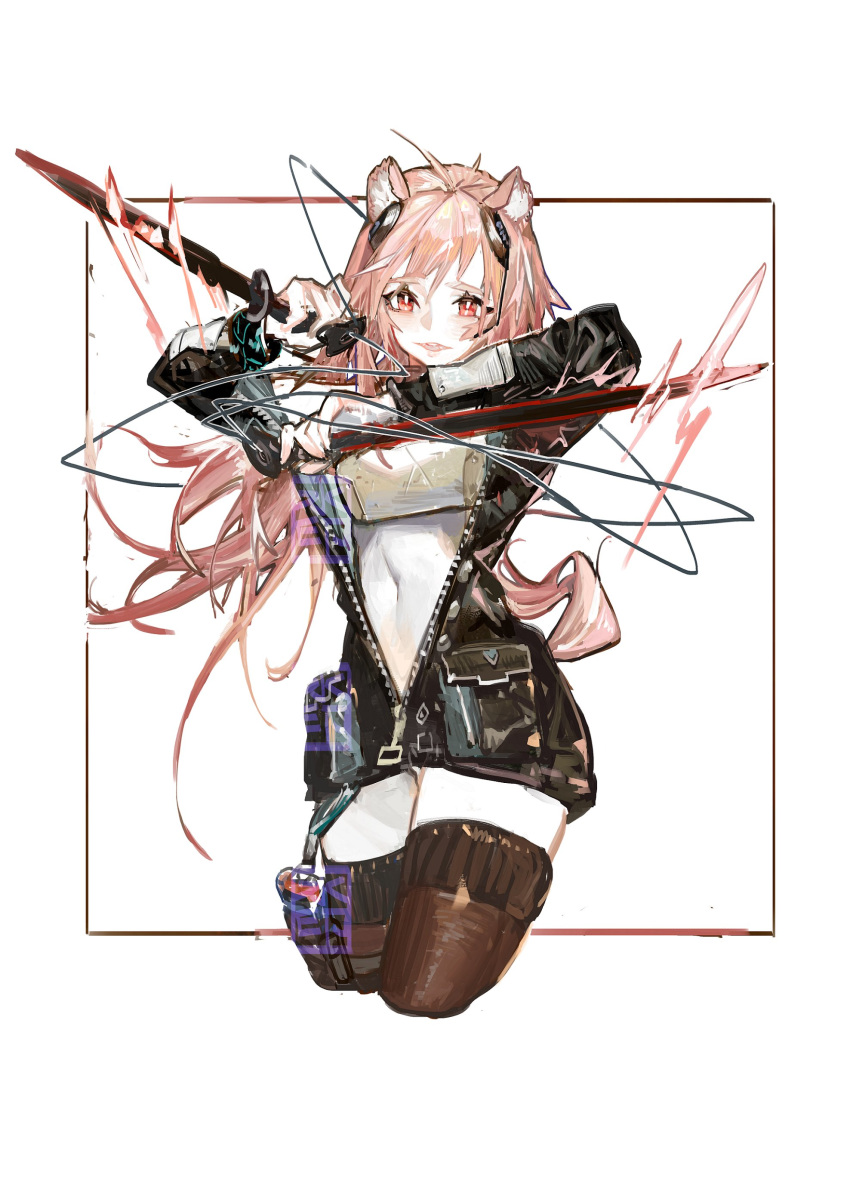 1girl absurdres animal_ear_fluff animal_ears arknights armor arms_up bangs black_jacket breastplate brown_legwear commentary_request facing_viewer frame gravel_(arknights) hair_between_eyes highres holding holding_weapon jacket long_hair long_sleeves looking_at_viewer navel open_clothes open_mouth pink_hair pipidan pocket red_eyes simple_background smile solo stomach sword thigh-highs upper_body weapon white_background zipper zipper_pull_tab