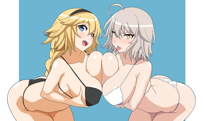 2girls absurdres ahoge artist_request ass bangs bikini black_bikini blonde_hair blue_eyes blush braid breast_hold breast_press breasts collarbone fate/apocrypha fate/grand_order fate_(series) hairband highres jeanne_d'arc_(alter)_(fate) jeanne_d'arc_(fate) jeanne_d'arc_(fate)_(all) large_breasts leaning_forward long_hair looking_at_viewer multiple_girls open_mouth short_hair silver_hair single_braid smile swimsuit symmetrical_docking thighs tongue tongue_out unaligned_breasts white_bikini yellow_eyes