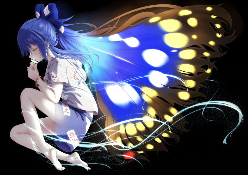 1girl bangle barefoot black_background blue_bow blue_hair blue_skirt bow bracelet closed_eyes commentary_request debt flower from_side full_body gradient_hair grey_hoodie hair_bow highres holding holding_flower hood indica jewelry long_hair miniskirt multicolored_hair see-through short_sleeves simple_background skirt solo touhou very_long_hair yorigami_shion