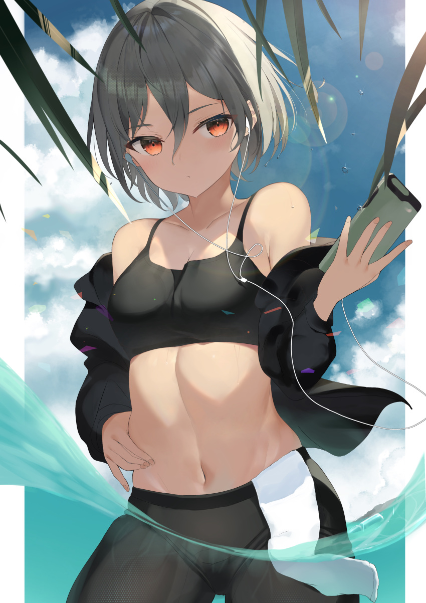 1girl absurdres armpit_crease bare_shoulders black_jacket black_pants black_shirt breasts closed_mouth collarbone copyright_request cowboy_shot crop_top day earphones expressionless grey_hair groin hair_between_eyes hand_on_hip highres holding jacket long_sleeves looking_at_viewer medium_breasts midriff navel off_shoulder open_clothes open_jacket outdoors pants phone red_eyes shirt short_hair sidelocks sleeveless sleeveless_shirt solo spaghetti_strap standing stomach wading water zukan_(db_tyoutyo)
