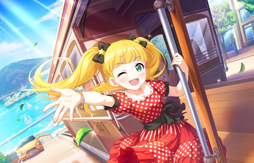 blonde_hair blush dress green_eyes idolmaster_cinderella_girls_starlight_stage long_hair mary_cochran smile train twintails