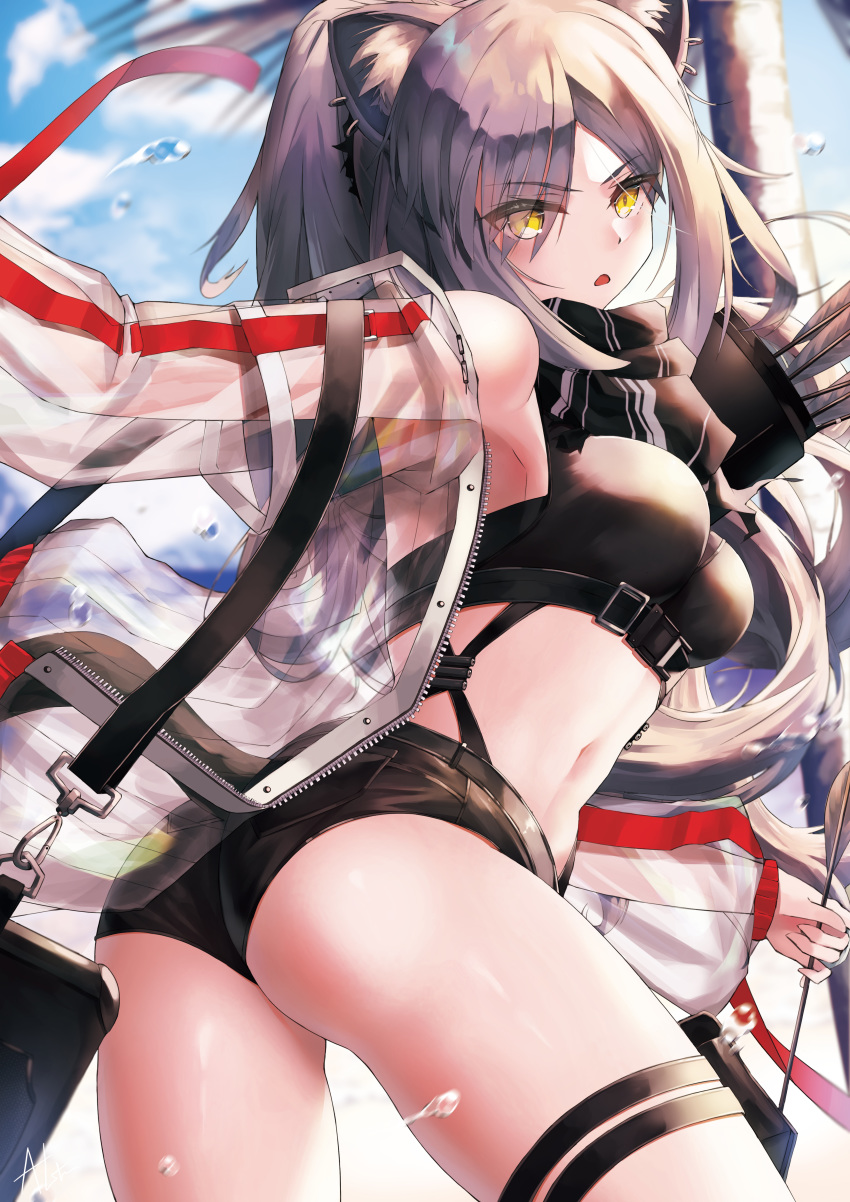 1girl absurdres alter_(kxk7357) animal_ear_fluff animal_ears arknights armpits arrow_(projectile) ass bangs bare_shoulders belt black_belt black_scarf black_shirt black_shorts blue_sky blurry blurry_background breasts cat_ears cat_tail commentary cowboy_shot crop_top ear_piercing eyebrows_visible_through_hair eyes_visible_through_hair from_behind highres holding_arrow holster jacket large_breasts long_hair long_ponytail long_sleeves looking_at_viewer micro_shorts midriff navel off-shoulder_jacket open_clothes open_jacket outstretched_arm palm_tree piercing ponytail quiver scarf schwarz_(arknights) see-through sheer_clothes shirt short_shorts shorts sidelocks signature silver_hair sky sleeveless sleeveless_shirt solo standing tail thigh_holster tree triangle_mouth twisted_torso underbust water_drop yellow_eyes